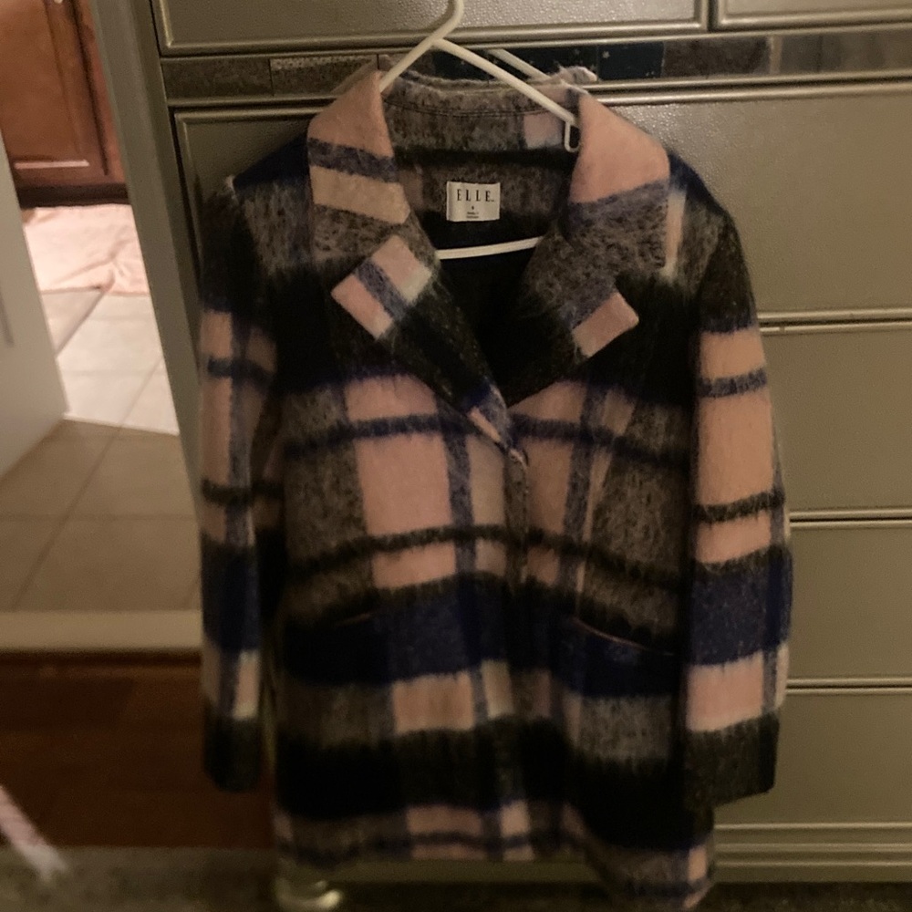 Elle Women's Plaid Pea Coat in Pink and Blue